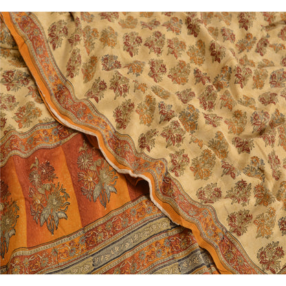 Sanskriti Vintage Sarees Indian Cream Pure Crepe Silk Printed Sari Craft Sustainable Fabric