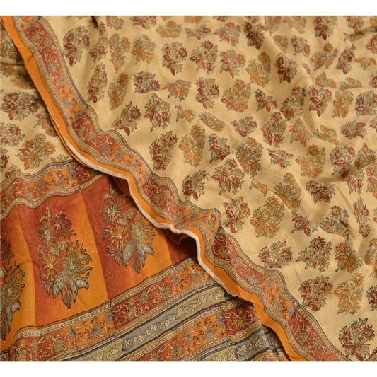 Sanskriti Vintage Sari 100% Pure Crepe Silk Sarees Indian Cream Printed 5yd Craft Fabric Home Decor, Floral Women Outfit, Silk Scrap