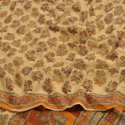 Sanskriti Vintage Sarees Indian Cream Pure Crepe Silk Printed Sari Craft Sustainable Fabric