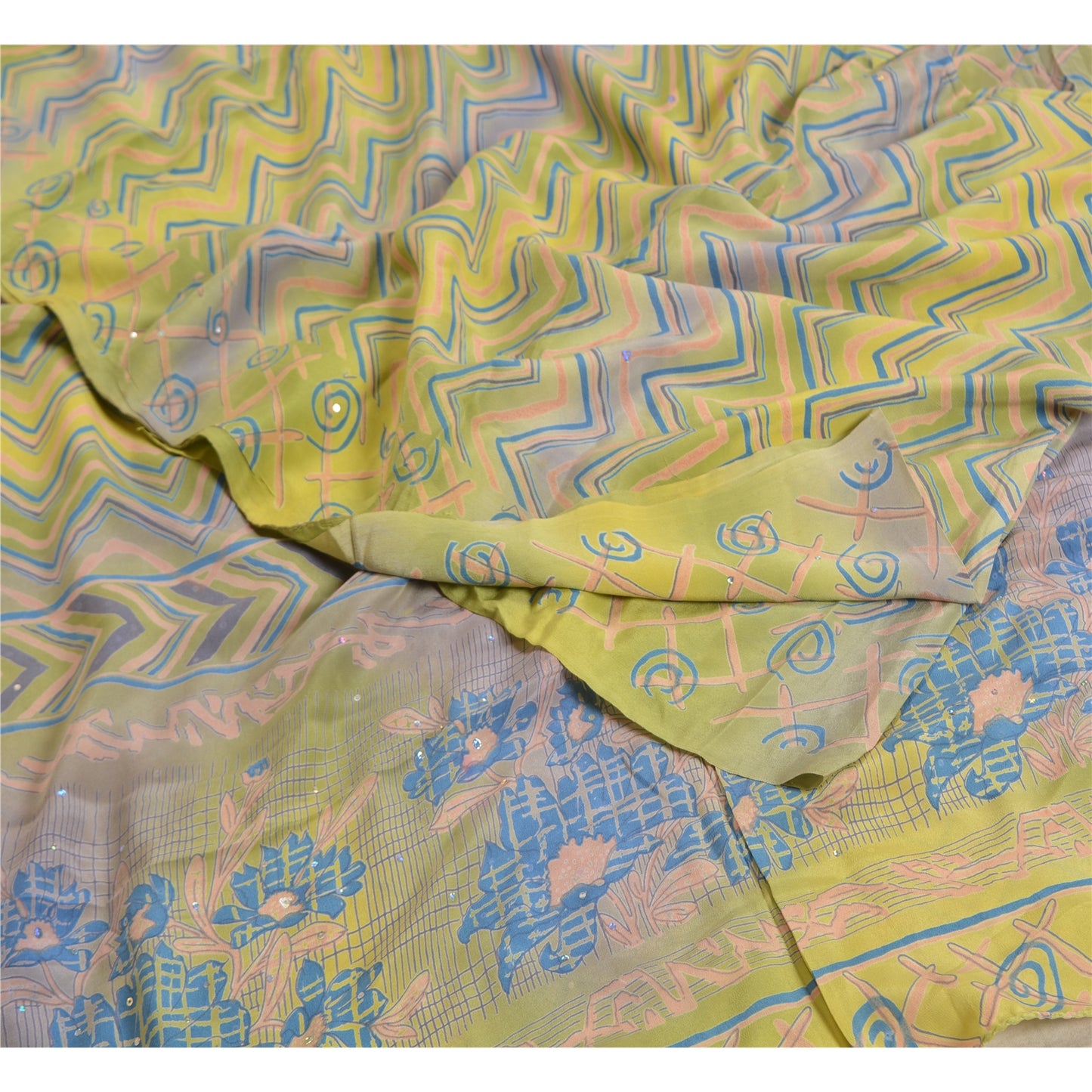 Sanskriti Vintage Sarees Green/Blue Pure Crepe Silk Printed Sari Craft Sustainable Fabric