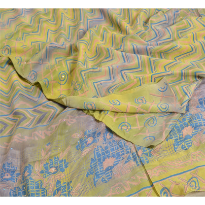 Sanskriti Vintage Sarees Green/Blue Pure Crepe Silk Printed Sari Craft Sustainable Fabric