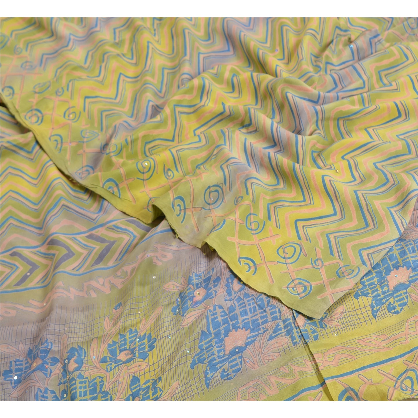 Sanskriti Vintage Sarees Green/Blue Pure Crepe Silk Printed Sari Craft Sustainable Fabric