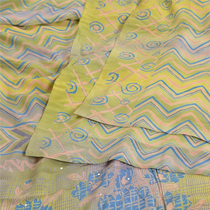 Sanskriti Vintage Sarees Green/Blue Pure Crepe Silk Printed Sari Craft Sustainable Fabric