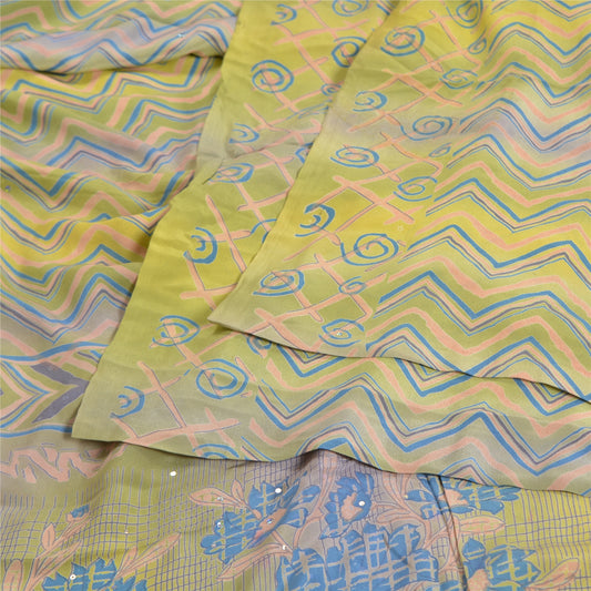 Sanskriti Vintage Sarees Green/Blue Pure Crepe Silk Printed Sari Craft Sustainable Fabric