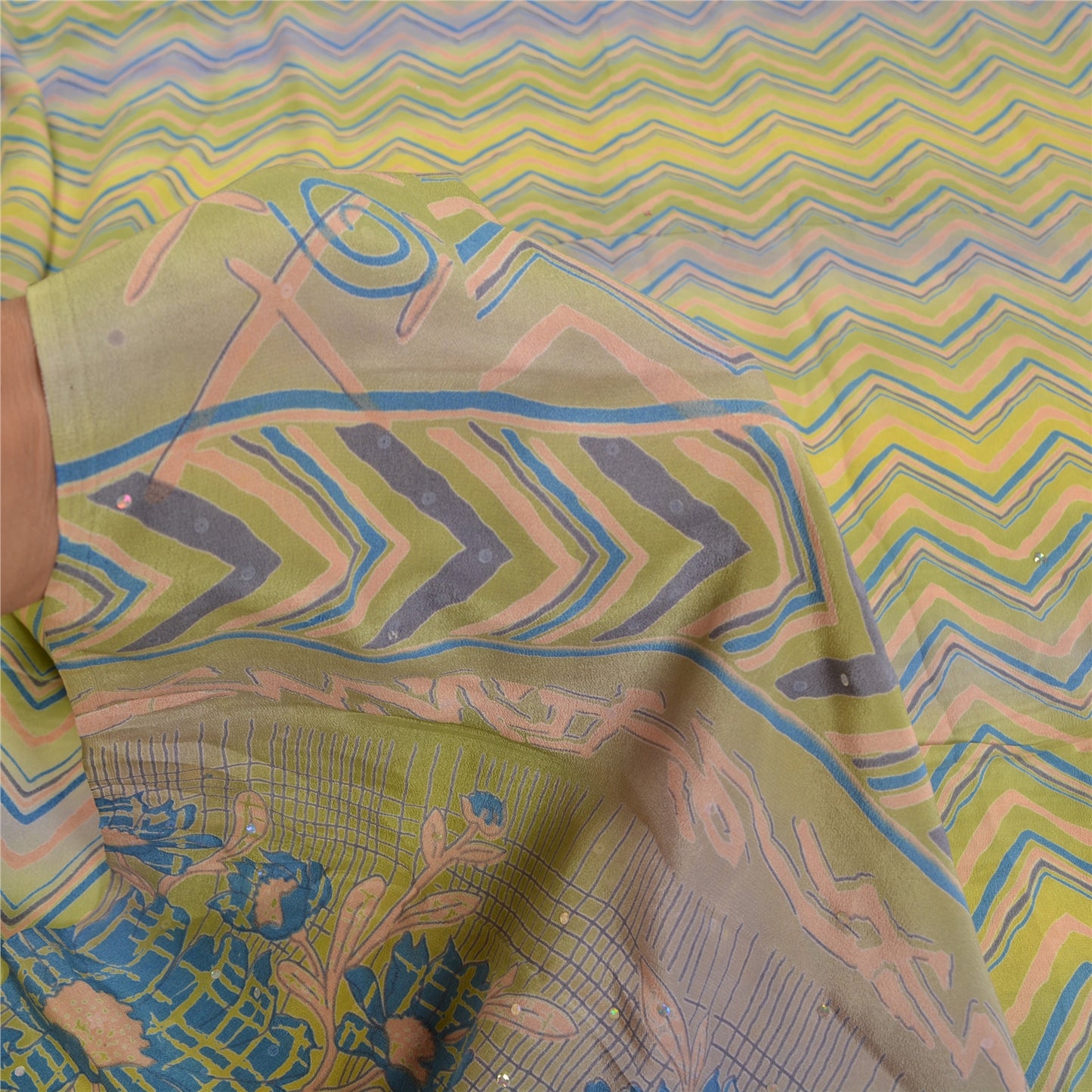 Sanskriti Vintage Sarees Green/Blue Pure Crepe Silk Printed Sari Craft Sustainable Fabric