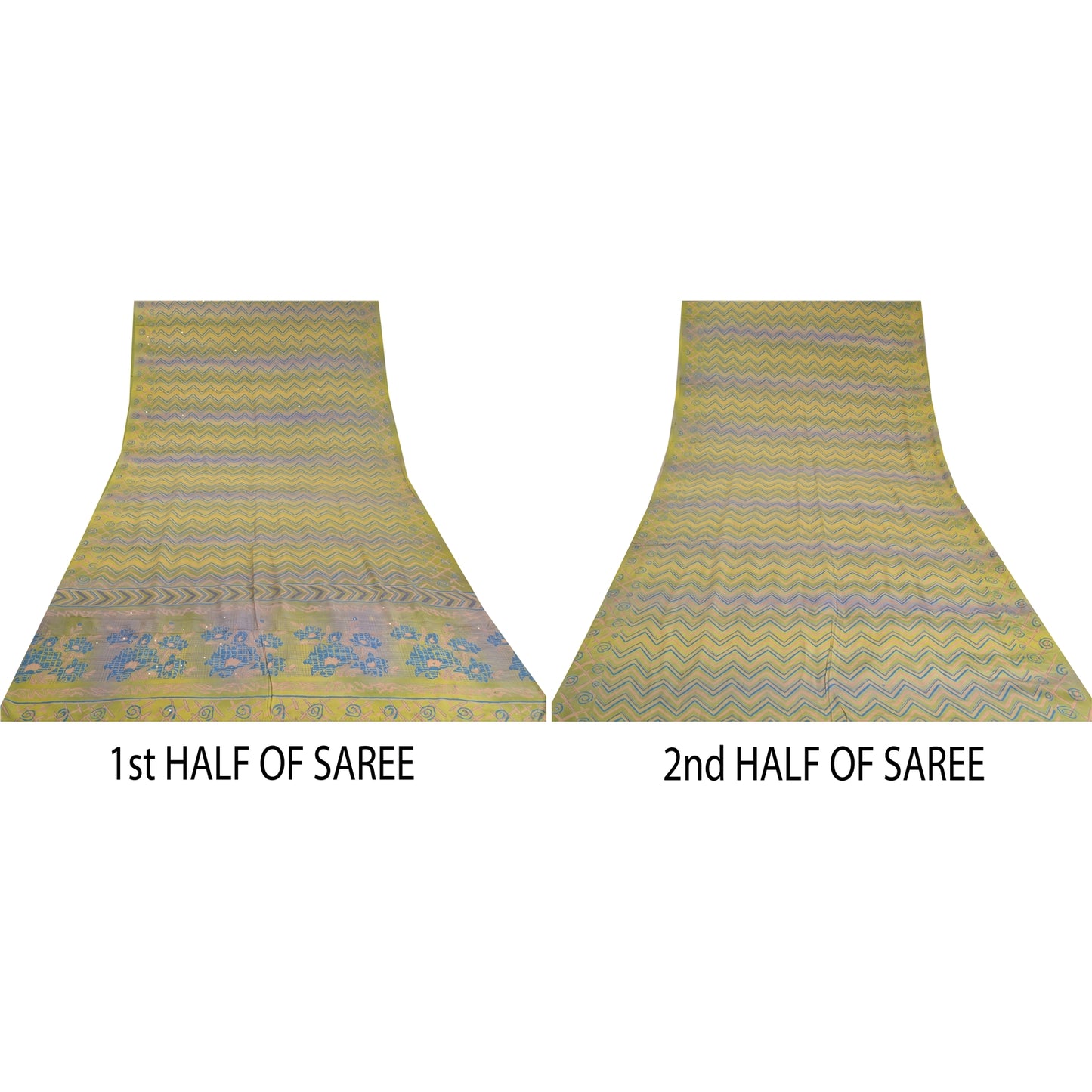 Sanskriti Vintage Sarees Green/Blue Pure Crepe Silk Printed Sari Craft Sustainable Fabric