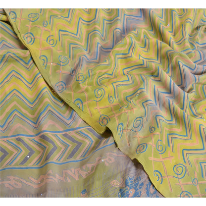 Sanskriti Vintage Sarees Green/Blue Pure Crepe Silk Printed Sari Craft Sustainable Fabric