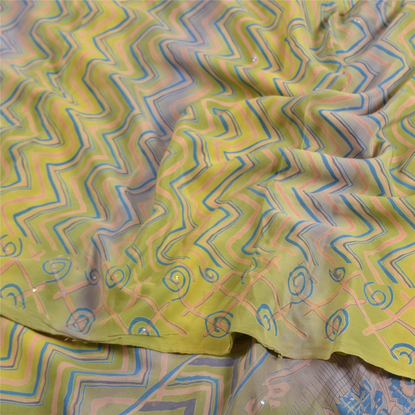 Sanskriti Vintage Sarees Green/Blue Pure Crepe Silk Printed Sari Craft Sustainable Fabric