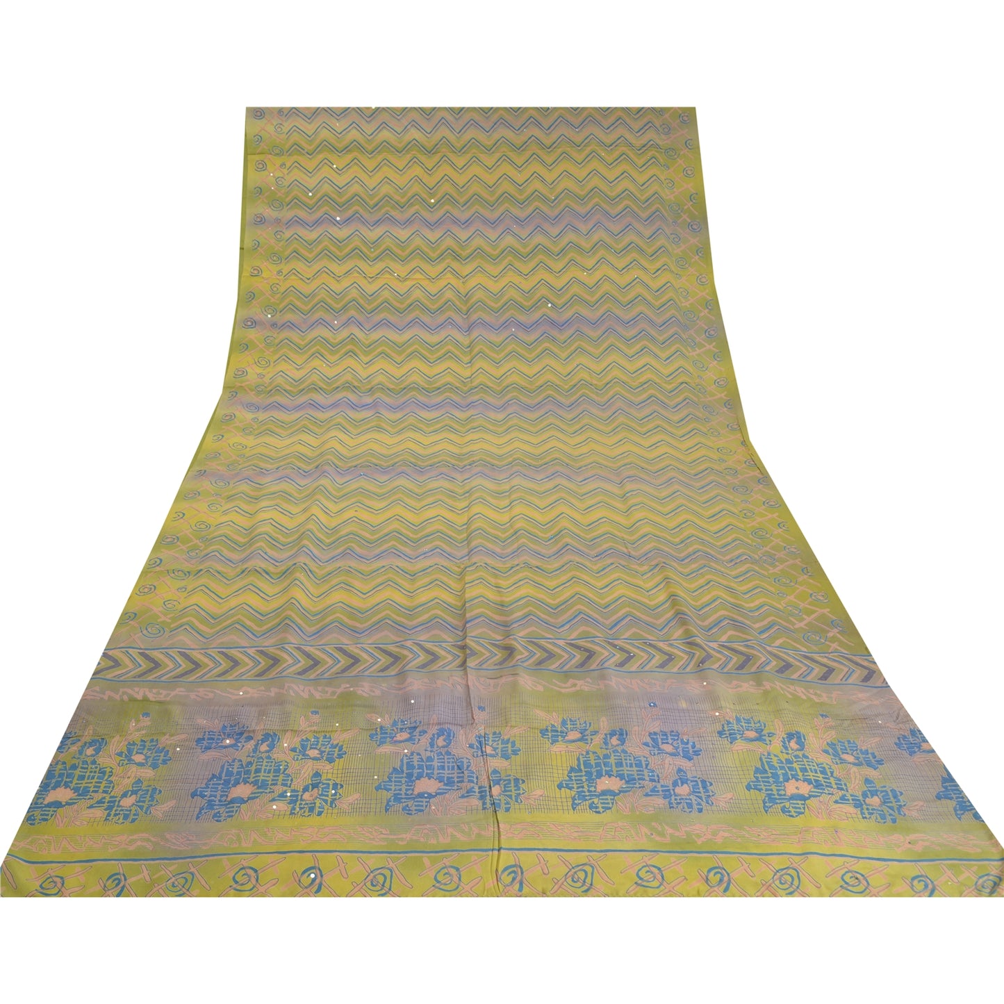 Sanskriti Vintage Sarees Green/Blue Pure Crepe Silk Printed Sari Craft Sustainable Fabric