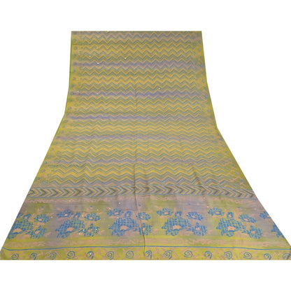 Sanskriti Vintage Sarees Green/Blue Pure Crepe Silk Printed Sari Craft Sustainable Fabric