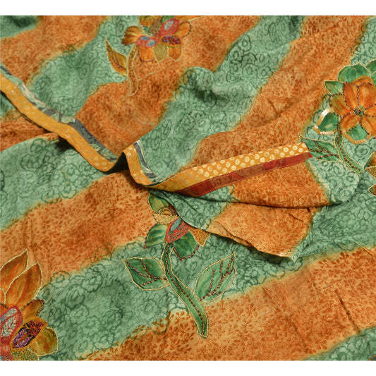 Sanskriti Vintage Sarees Green/Brown Hand Bead Print Pure Crepe Silk Sari Sustainable Fabric