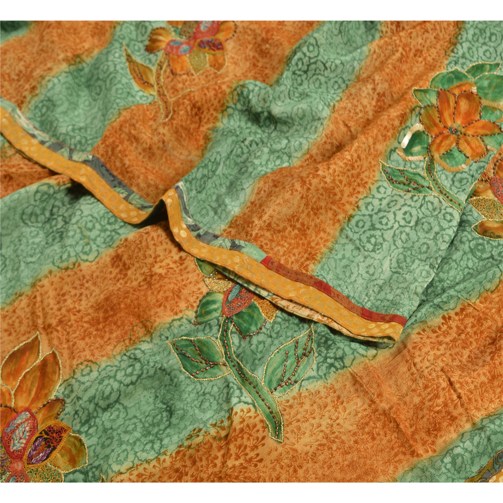 Сари в винтажном стиле на санскрите, зеленое/коричневое, с принтом бисера вручную, чистый крепированный шелк, сари, устойчивая ткань