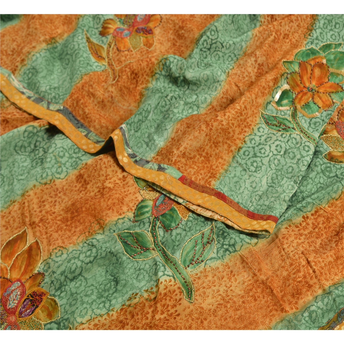 Сари в винтажном стиле на санскрите, зеленое/коричневое, с принтом бисера вручную, чистый крепированный шелк, сари, устойчивая ткань