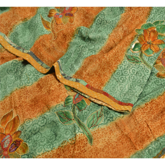 Sanskriti Vintage Sarees Green/Brown Hand Bead Print Pure Crepe Silk Sari Sustainable Fabric