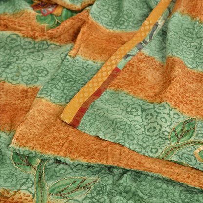 Сари в винтажном стиле на санскрите, зеленое/коричневое, с принтом бисера вручную, чистый крепированный шелк, сари, устойчивая ткань