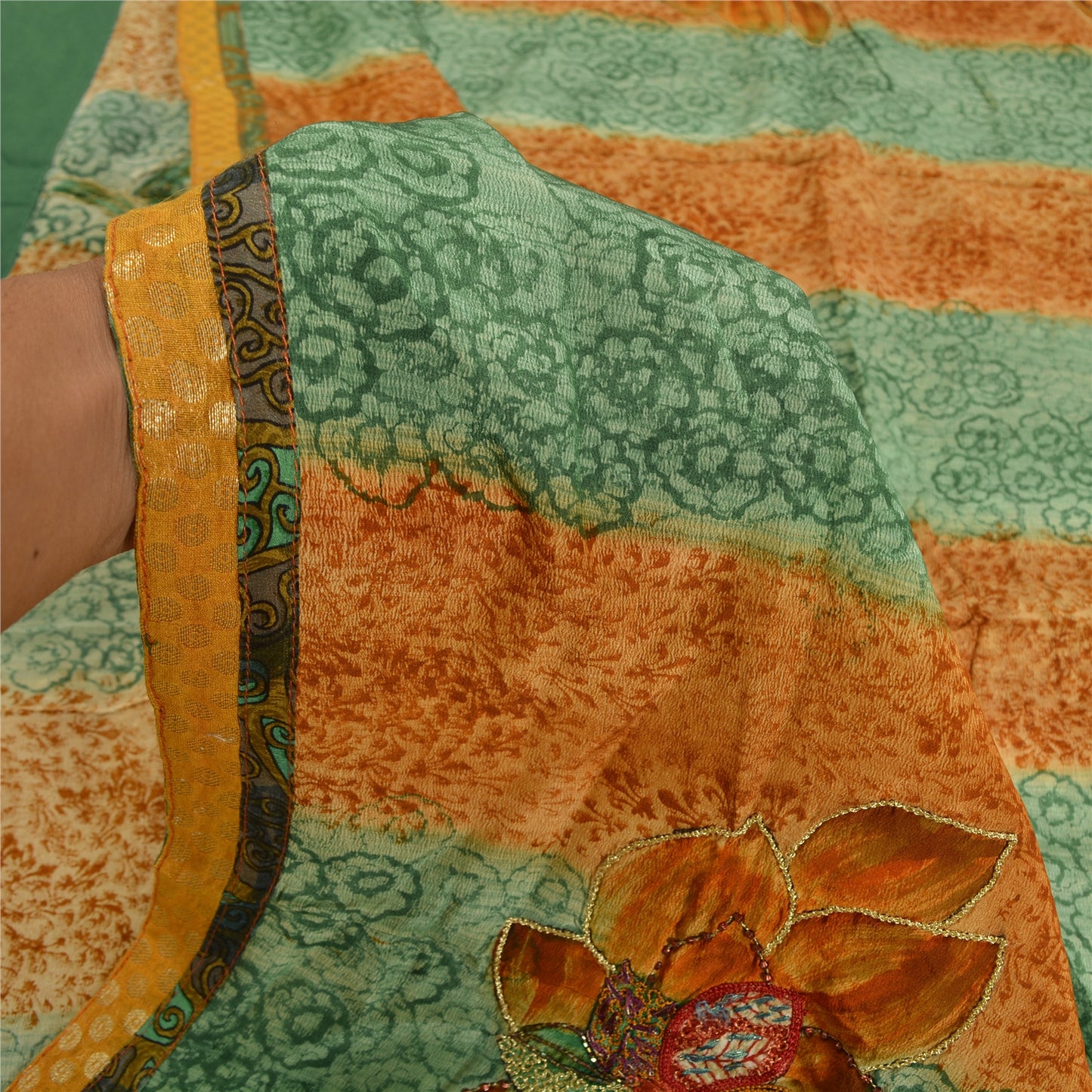Сари в винтажном стиле на санскрите, зеленое/коричневое, с принтом бисера вручную, чистый крепированный шелк, сари, устойчивая ткань