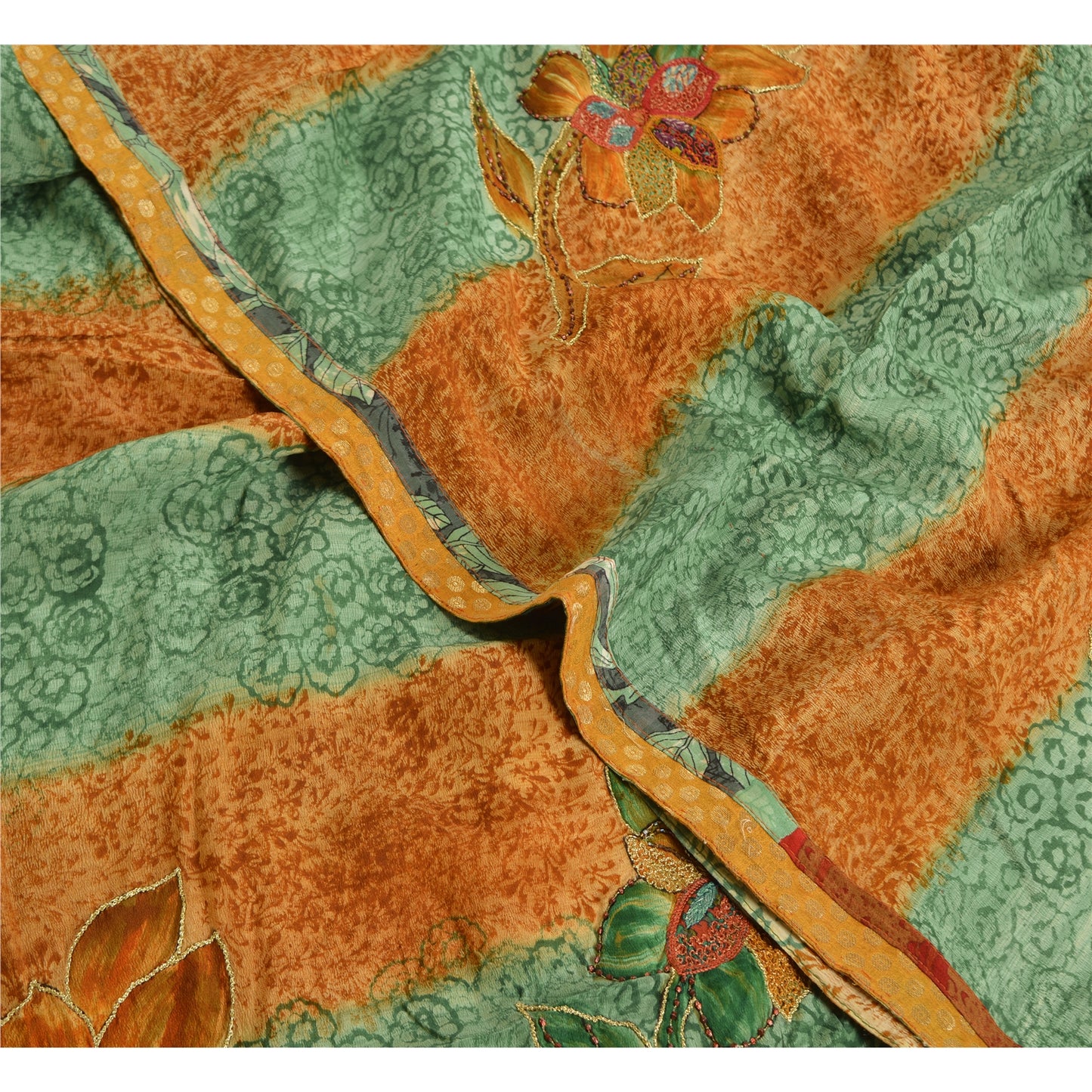 Сари в винтажном стиле на санскрите, зеленое/коричневое, с принтом бисера вручную, чистый крепированный шелк, сари, устойчивая ткань