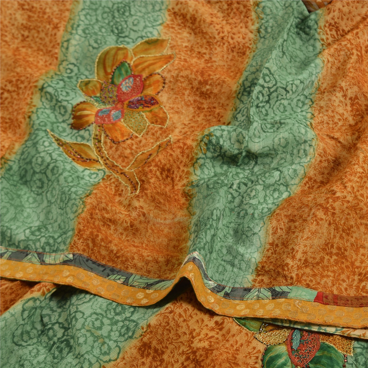 Сари в винтажном стиле на санскрите, зеленое/коричневое, с принтом бисера вручную, чистый крепированный шелк, сари, устойчивая ткань