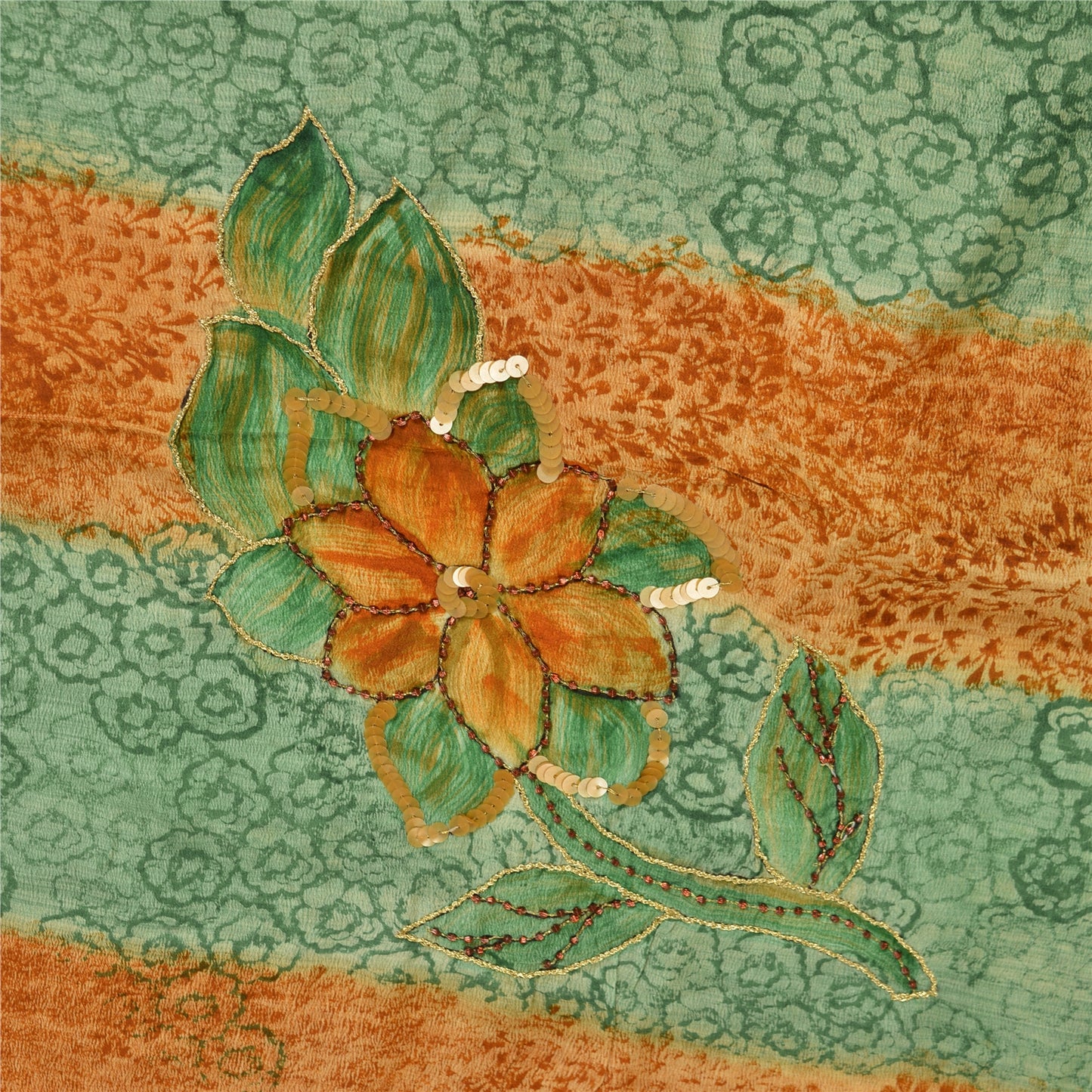 Сари в винтажном стиле на санскрите, зеленое/коричневое, с принтом бисера вручную, чистый крепированный шелк, сари, устойчивая ткань