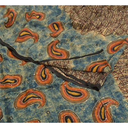 Sanskriti Vintage Sarees Hand Beaded Printed Pure Crepe Silk Sari Craft Sustainable Fabric
