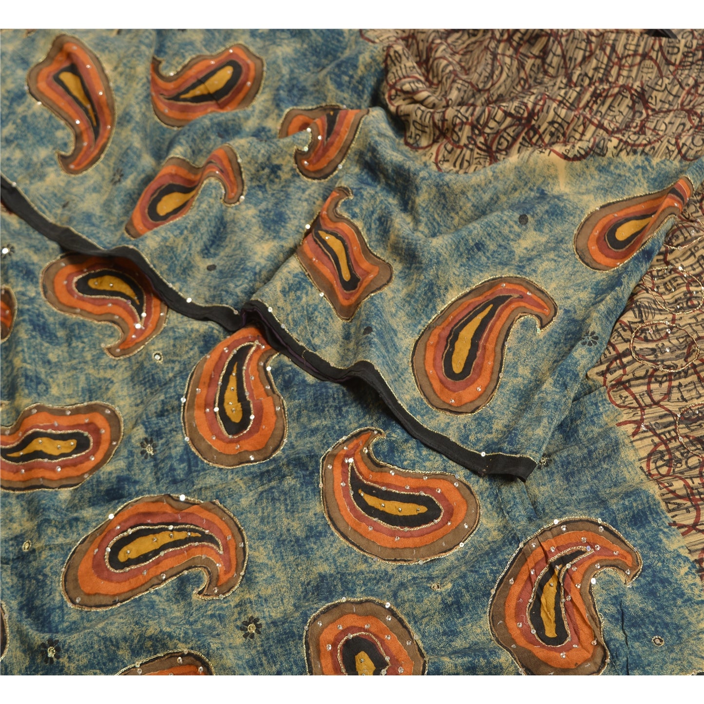 Sanskriti Vintage Sarees Hand Beaded Printed Pure Crepe Silk Sari Craft Sustainable Fabric