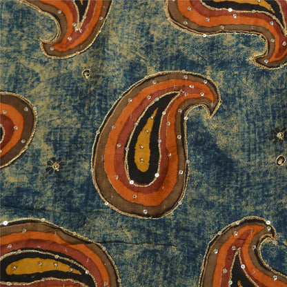 Sanskriti Vintage Sarees Hand Beaded Printed Pure Crepe Silk Sari Craft Sustainable Fabric