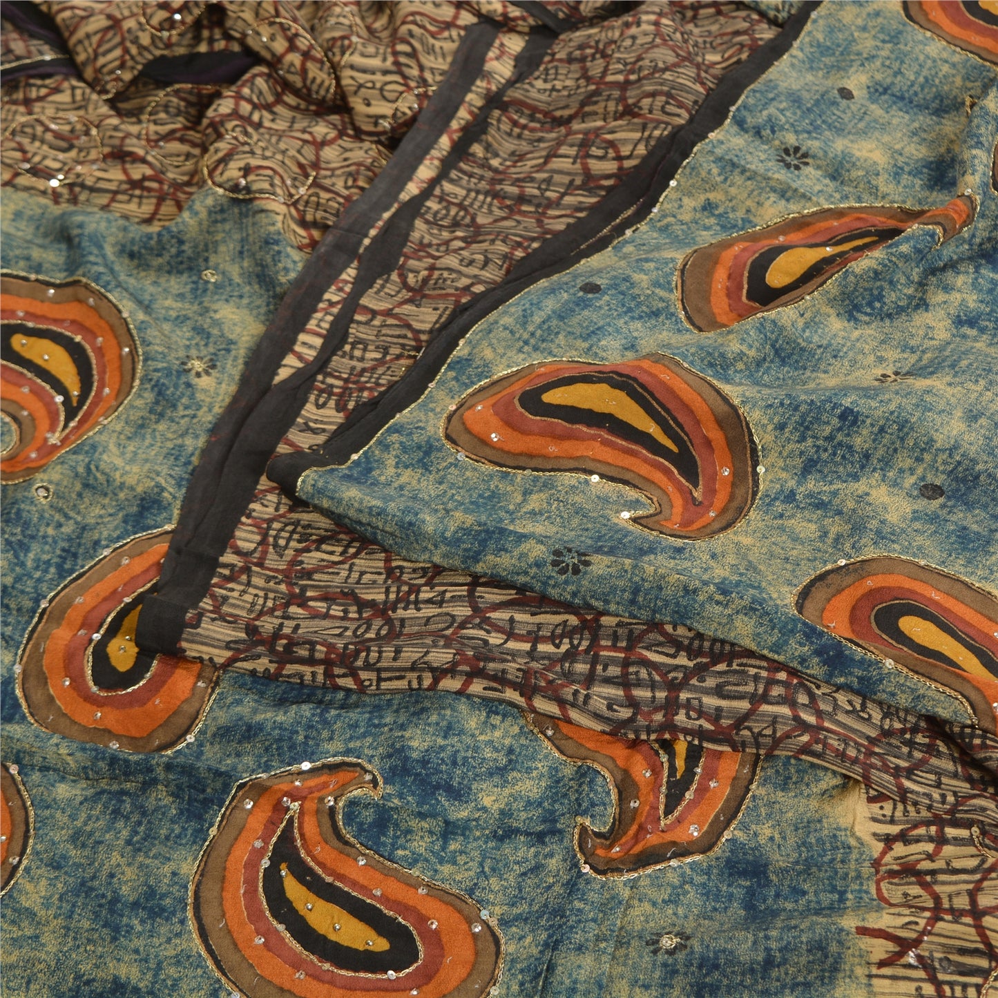 Sanskriti Vintage Sarees Hand Beaded Printed Pure Crepe Silk Sari Craft Sustainable Fabric