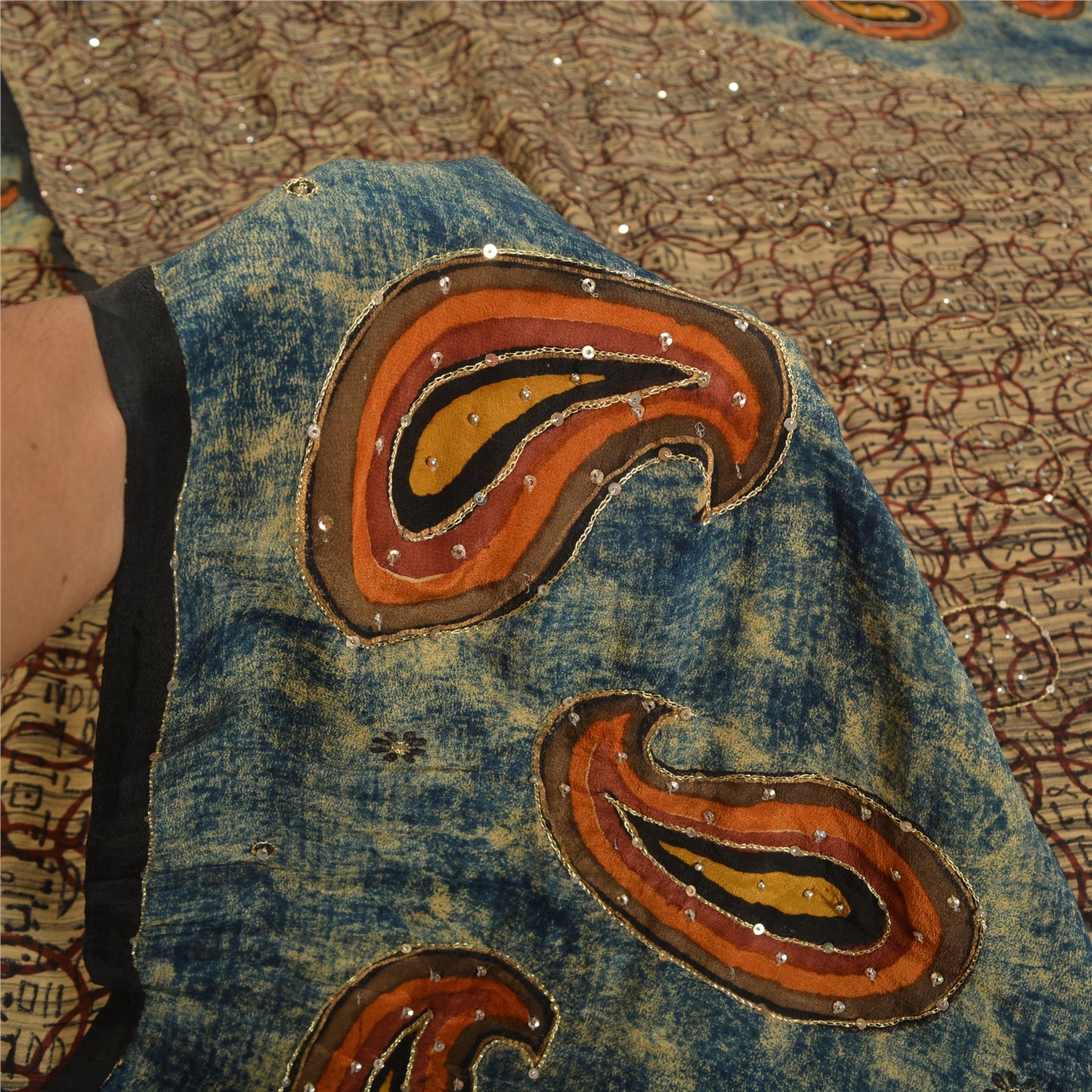 Sanskriti Vintage Sarees Hand Beaded Printed Pure Crepe Silk Sari Craft Sustainable Fabric