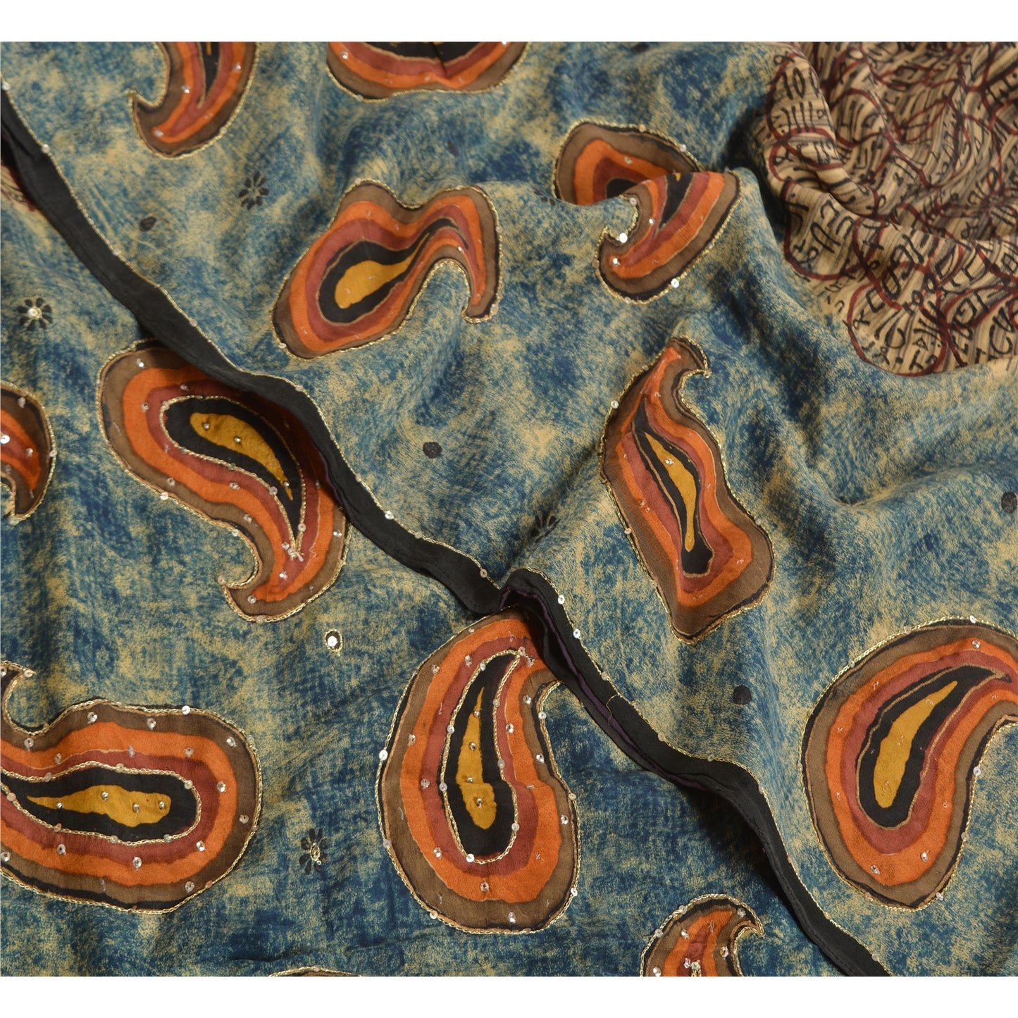 Sanskriti Vintage Sarees Hand Beaded Printed Pure Crepe Silk Sari Craft Sustainable Fabric