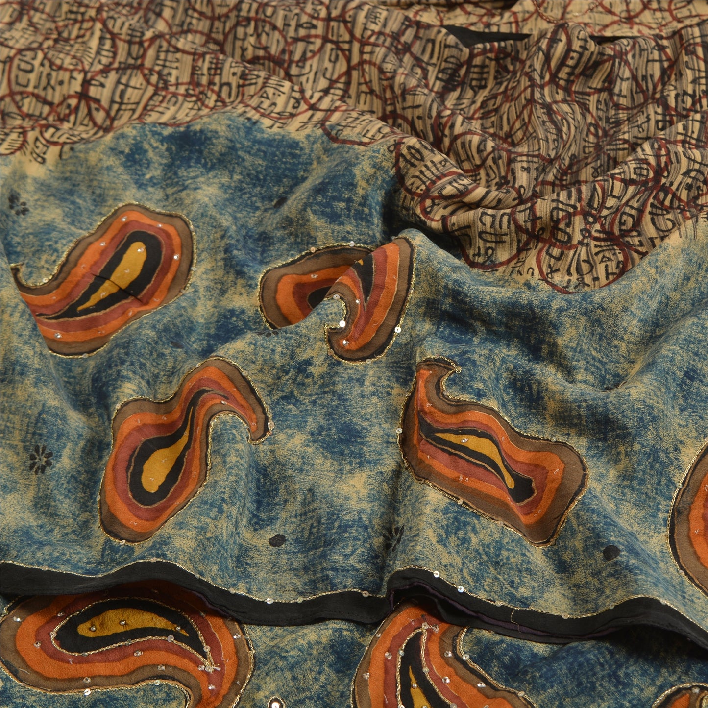 Sanskriti Vintage Sarees Hand Beaded Printed Pure Crepe Silk Sari Craft Sustainable Fabric