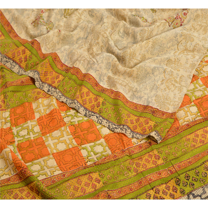 Sanskriti Vintage Sarees Pale-Cream Printed Pure Crepe Silk Sari Craft Sustainable Fabric