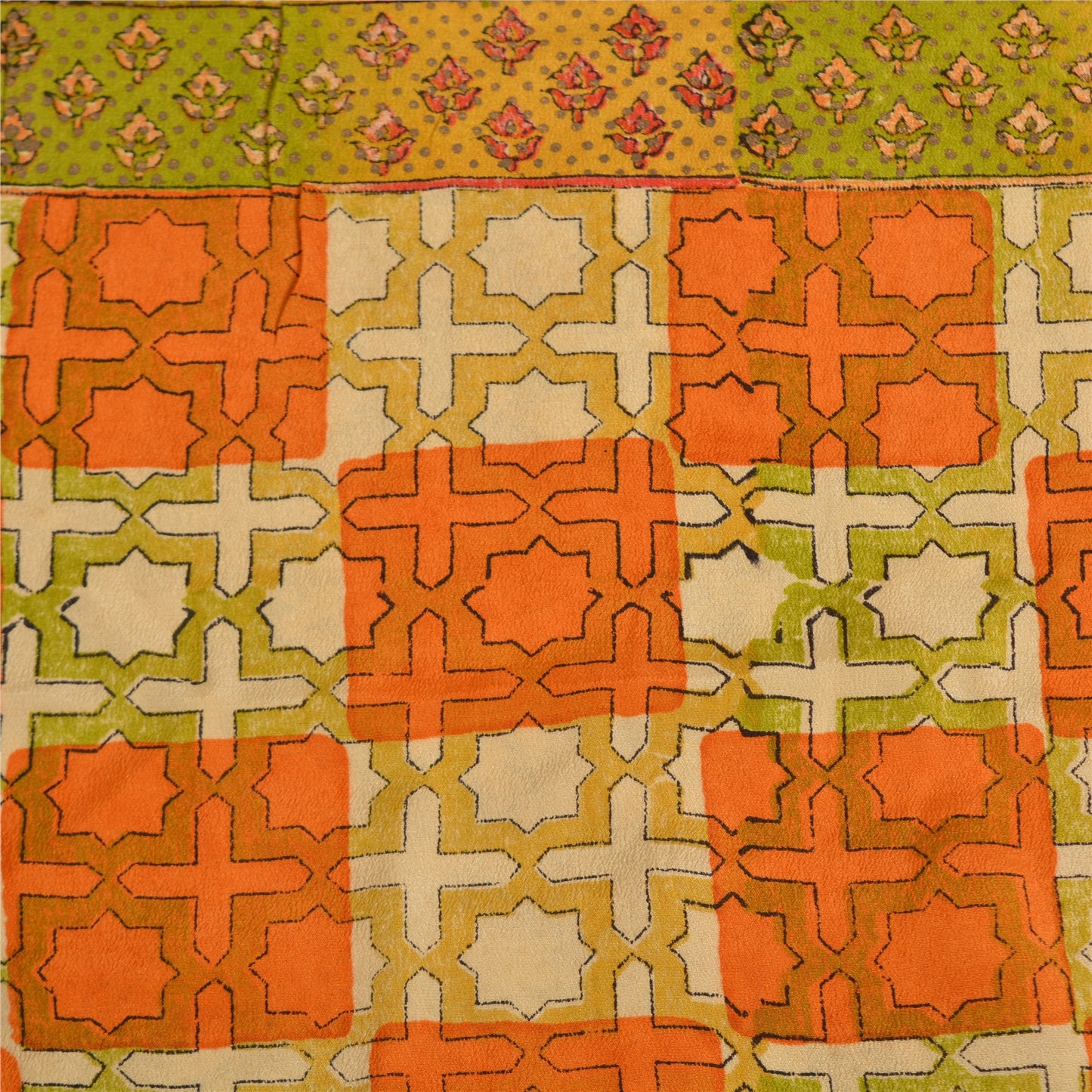 Sanskriti Vintage Sarees Pale-Cream Printed Pure Crepe Silk Sari Craft Sustainable Fabric