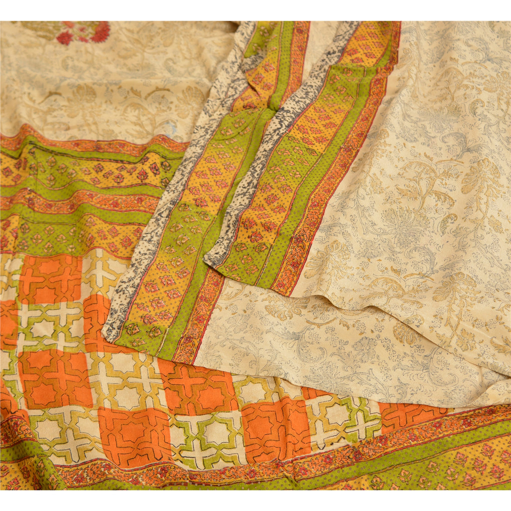 Sanskriti Vintage Sarees Pale-Cream Printed Pure Crepe Silk Sari Craft Sustainable Fabric