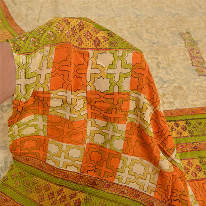 Sanskriti Vintage Sarees Pale-Cream Printed Pure Crepe Silk Sari Craft Sustainable Fabric