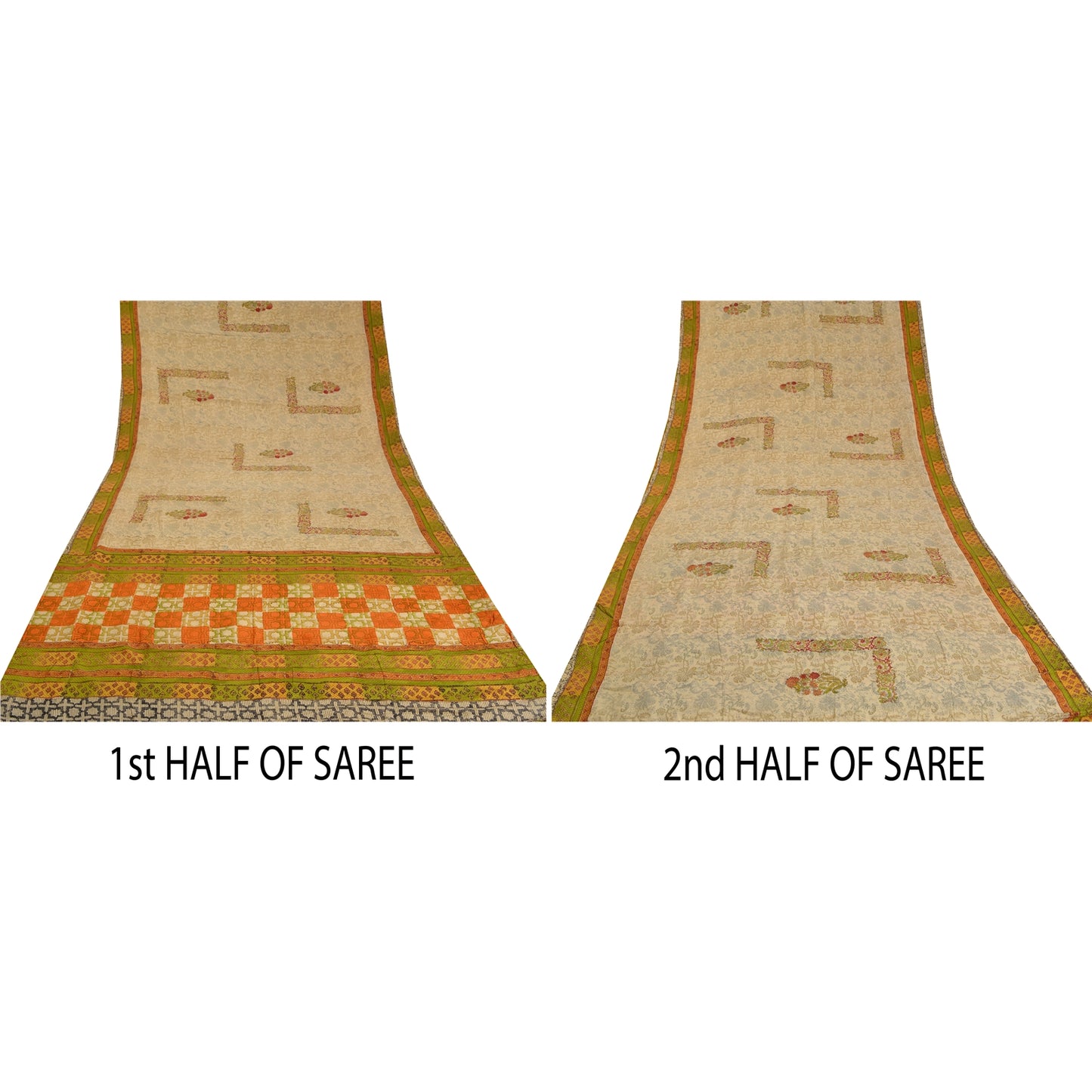 Sanskriti Vintage Sarees Pale-Cream Printed Pure Crepe Silk Sari Craft Sustainable Fabric