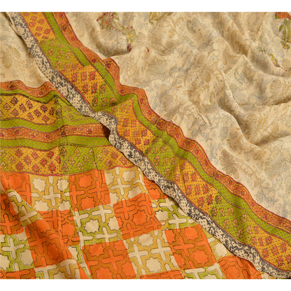 Sanskriti Vintage Sarees Pale-Cream Printed Pure Crepe Silk Sari Craft Sustainable Fabric