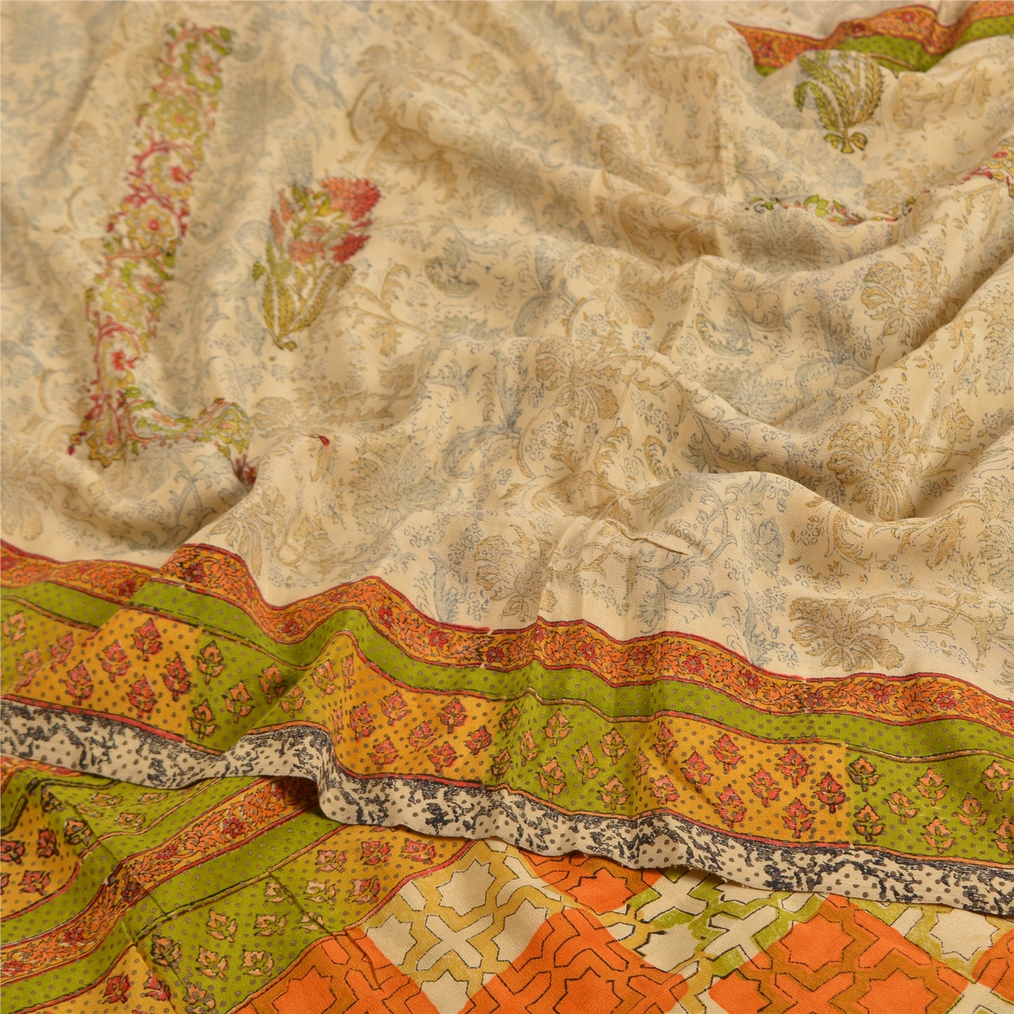 Sanskriti Vintage Sarees Pale-Cream Printed Pure Crepe Silk Sari Craft Sustainable Fabric