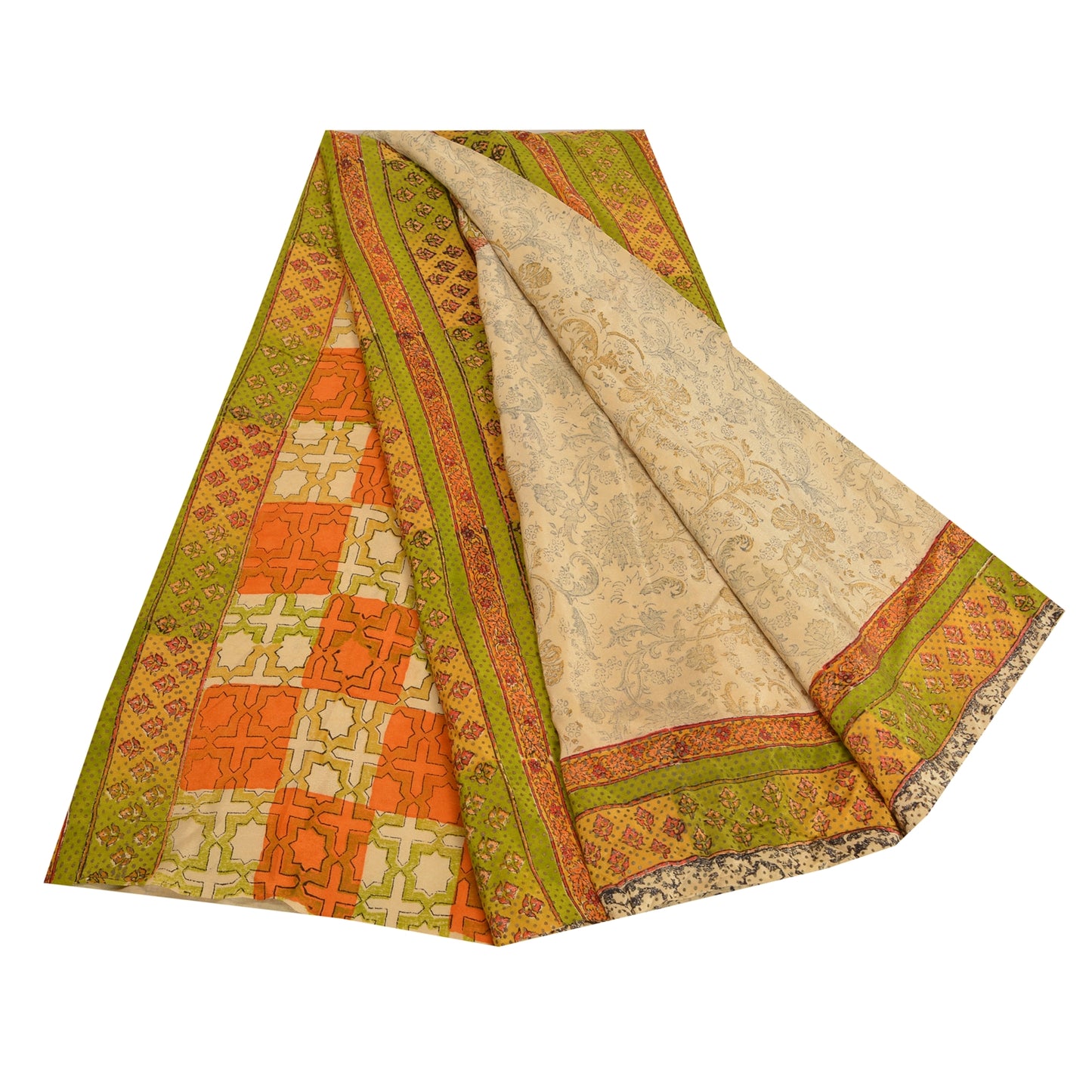 Sanskriti Vintage Sarees Pale-Cream Printed Pure Crepe Silk Sari Craft Sustainable Fabric