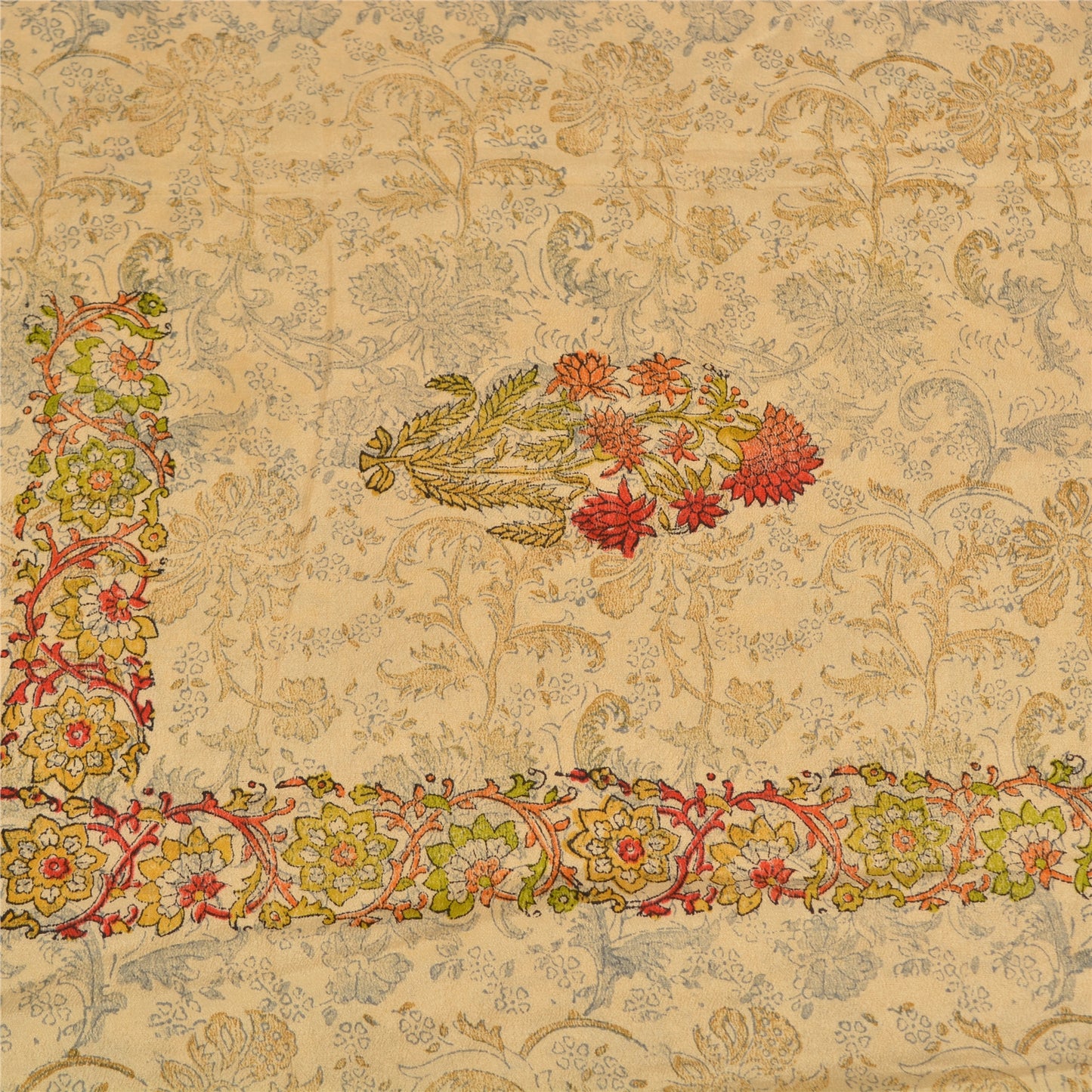 Sanskriti Vintage Sarees Pale-Cream Printed Pure Crepe Silk Sari Craft Sustainable Fabric