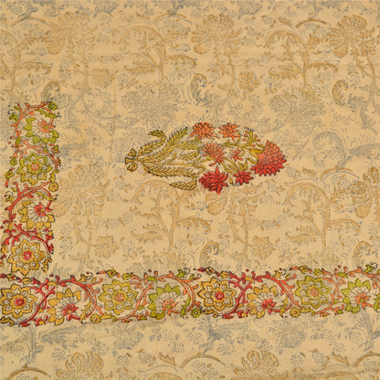 Sanskriti Vintage Sarees Pale-Cream Printed Pure Crepe Silk Sari Craft Sustainable Fabric