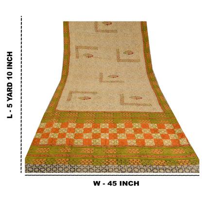 Sanskriti Vintage Sarees Pale-Cream Printed Pure Crepe Silk Sari Craft Sustainable Fabric