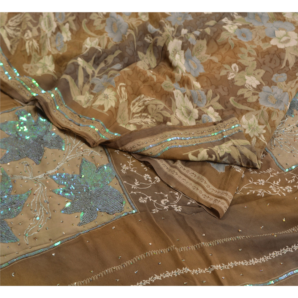 Sanskriti Vintage Sarees Brown Hand Beaded Pure Crepe Silk Printed Sari Sustainable Fabric