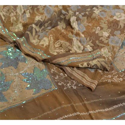Sanskriti Vintage Sarees Brown Hand Beaded Pure Crepe Silk Printed Sari Sustainable Fabric