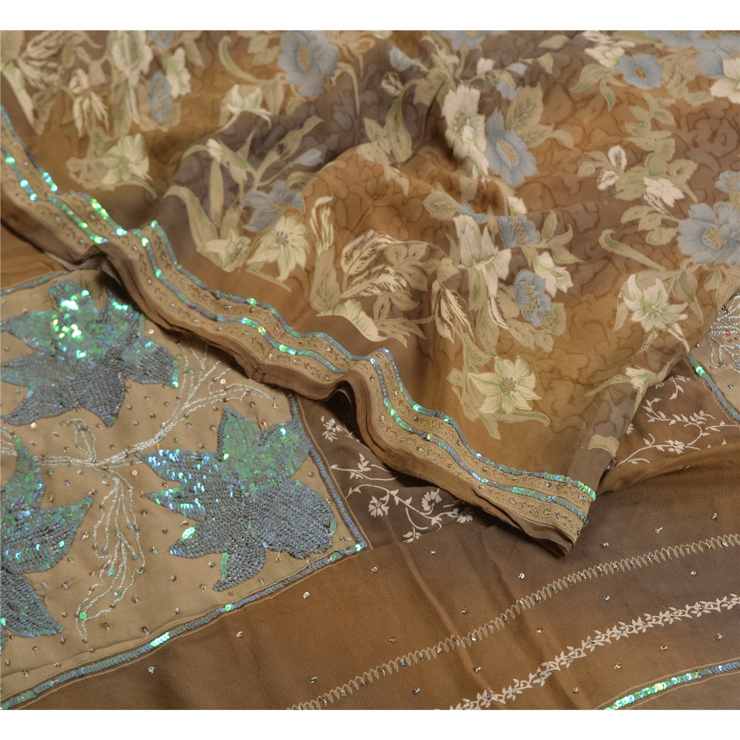 Sanskriti Vintage Sarees Brown Hand Beaded Pure Crepe Silk Printed Sari Sustainable Fabric