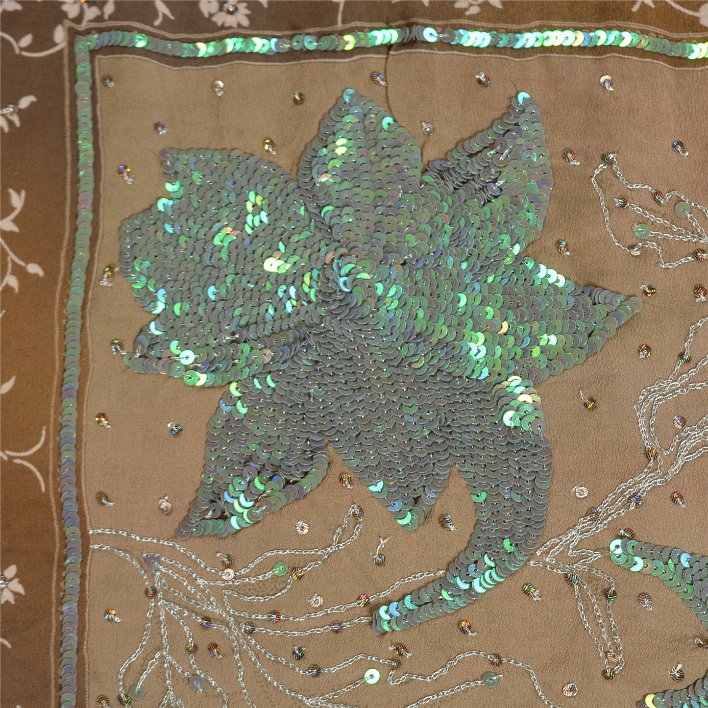 Sanskriti Vintage Sarees Brown Hand Beaded Pure Crepe Silk Printed Sari Sustainable Fabric