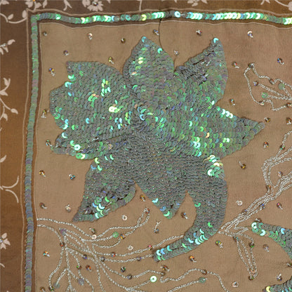 Sanskriti Vintage Sarees Brown Hand Beaded Pure Crepe Silk Printed Sari Sustainable Fabric