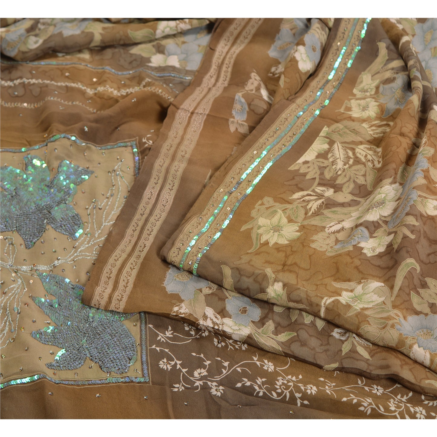 Sanskriti Vintage Sarees Brown Hand Beaded Pure Crepe Silk Printed Sari Sustainable Fabric