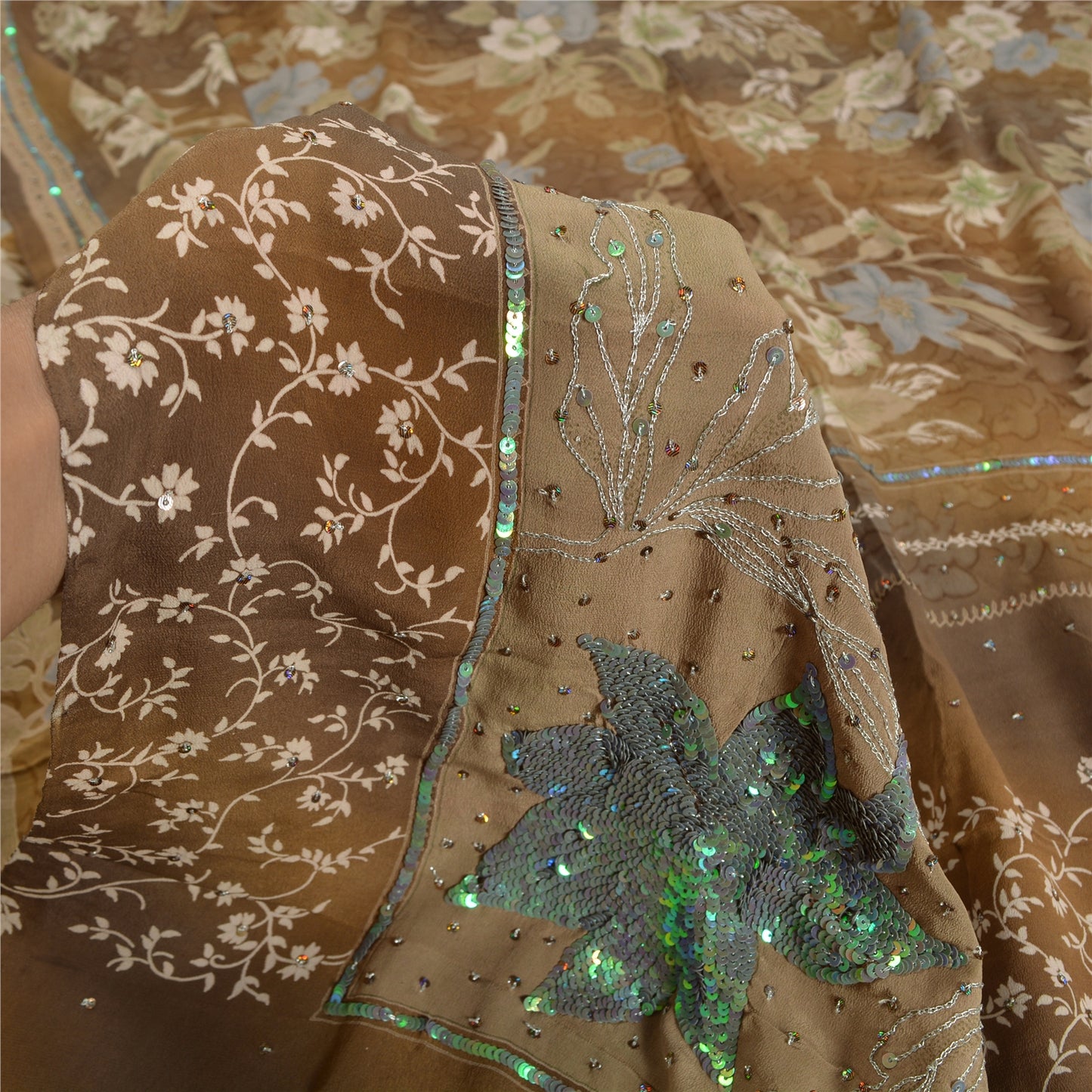 Sanskriti Vintage Sarees Brown Hand Beaded Pure Crepe Silk Printed Sari Sustainable Fabric