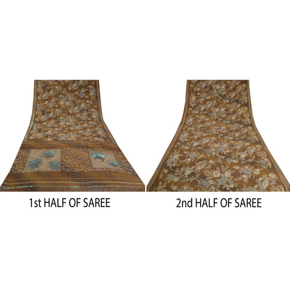 Sanskriti Vintage Sarees Brown Hand Beaded Pure Crepe Silk Printed Sari Sustainable Fabric