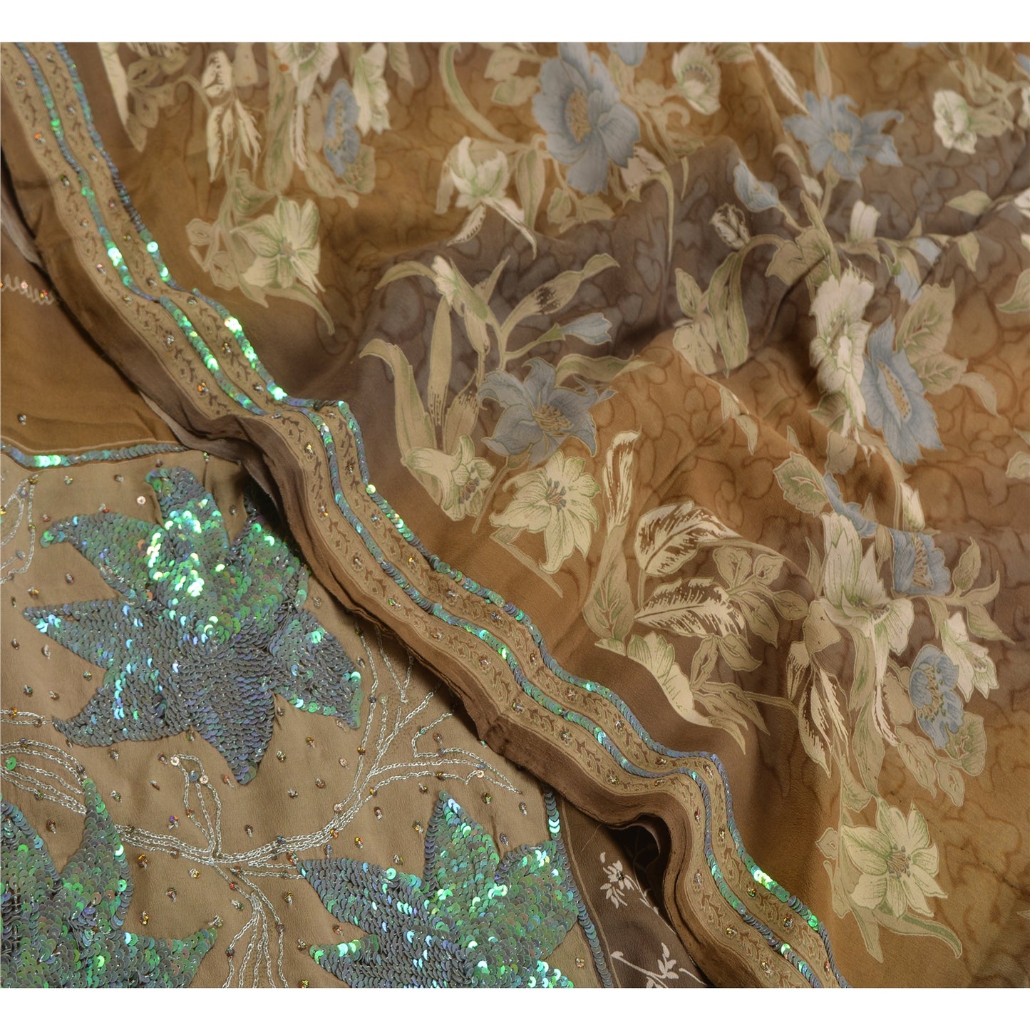 Sanskriti Vintage Sarees Brown Hand Beaded Pure Crepe Silk Printed Sari Sustainable Fabric